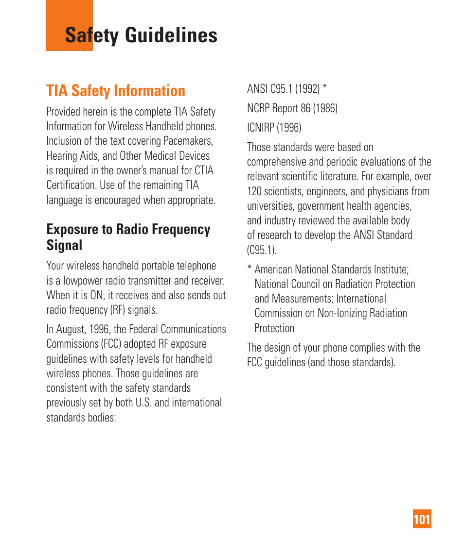 Safety guidelines, Tia safety information | LG GD710 User Manual | Page 105 / 131