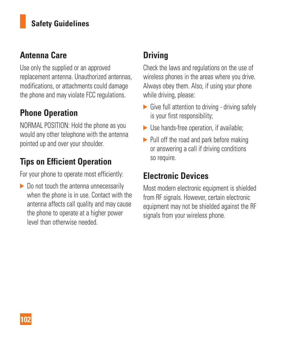 Antenna care, Phone operation, Tips on efficient operation | Driving, Electronic devices | LG GD710 User Manual | Page 106 / 131