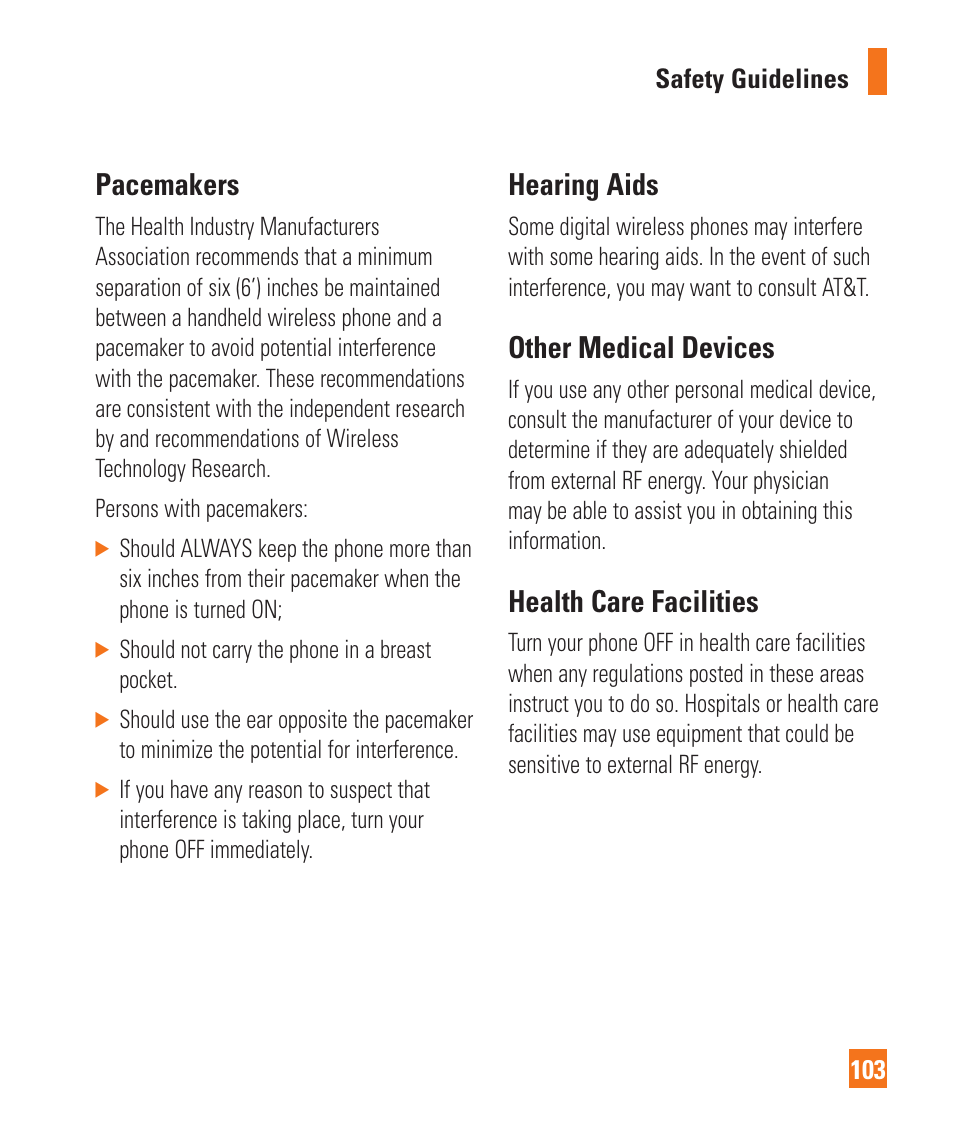 Pacemakers, Hearing aids, Other medical devices | Health care facilities | LG GD710 User Manual | Page 107 / 131