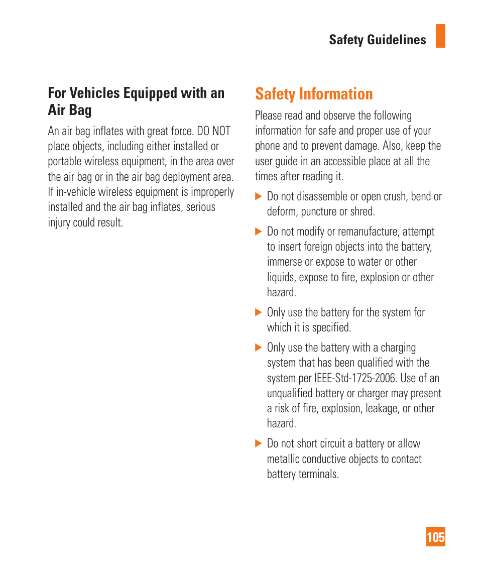 Safety information, For vehicles equipped with an air bag | LG GD710 User Manual | Page 109 / 131