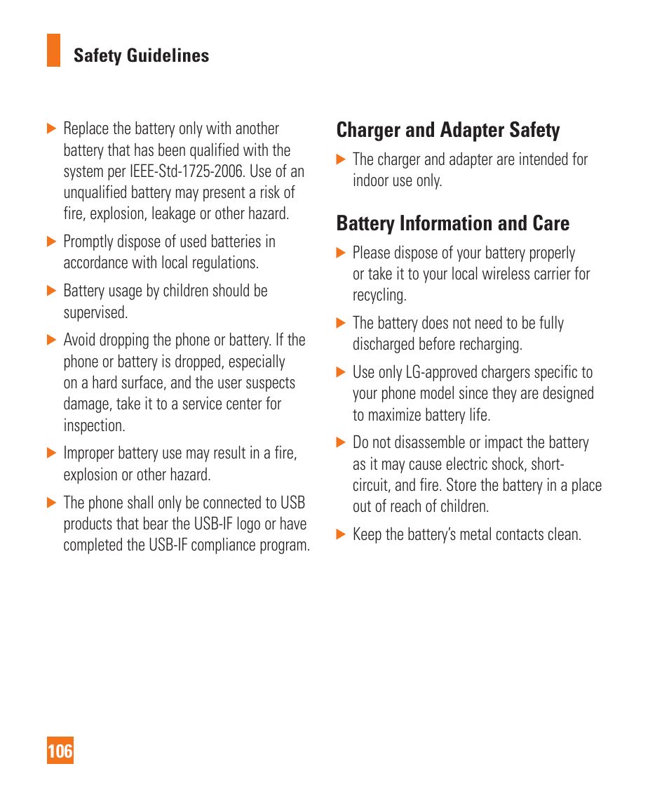 Charger and adapter safety, Battery information and care | LG GD710 User Manual | Page 110 / 131