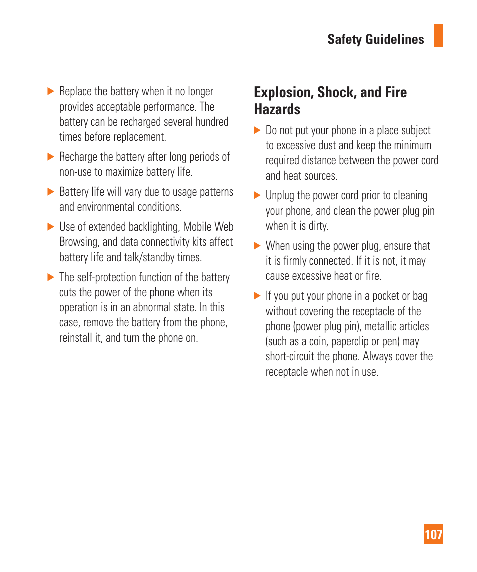 Explosion, shock, and fire hazards | LG GD710 User Manual | Page 111 / 131