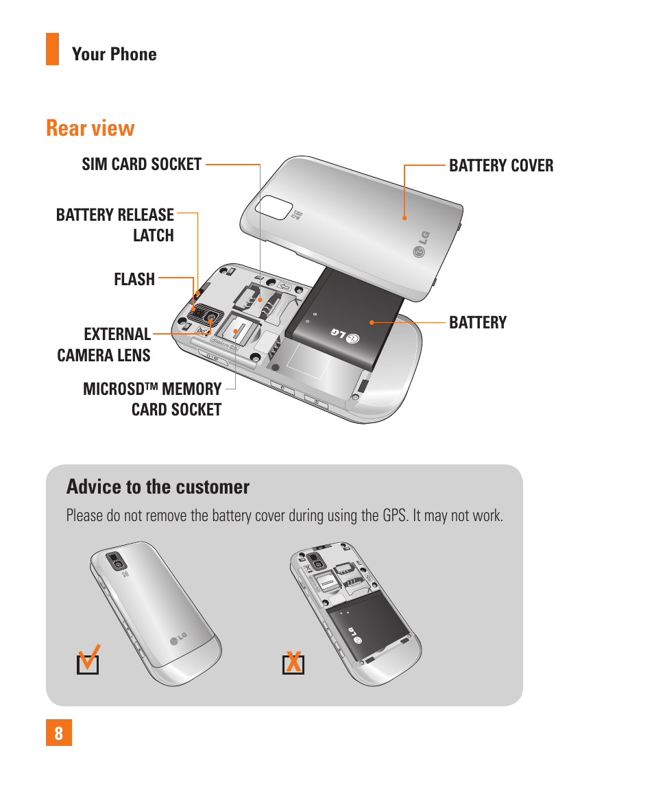 Rear view, Advice to the customer | LG GD710 User Manual | Page 12 / 131