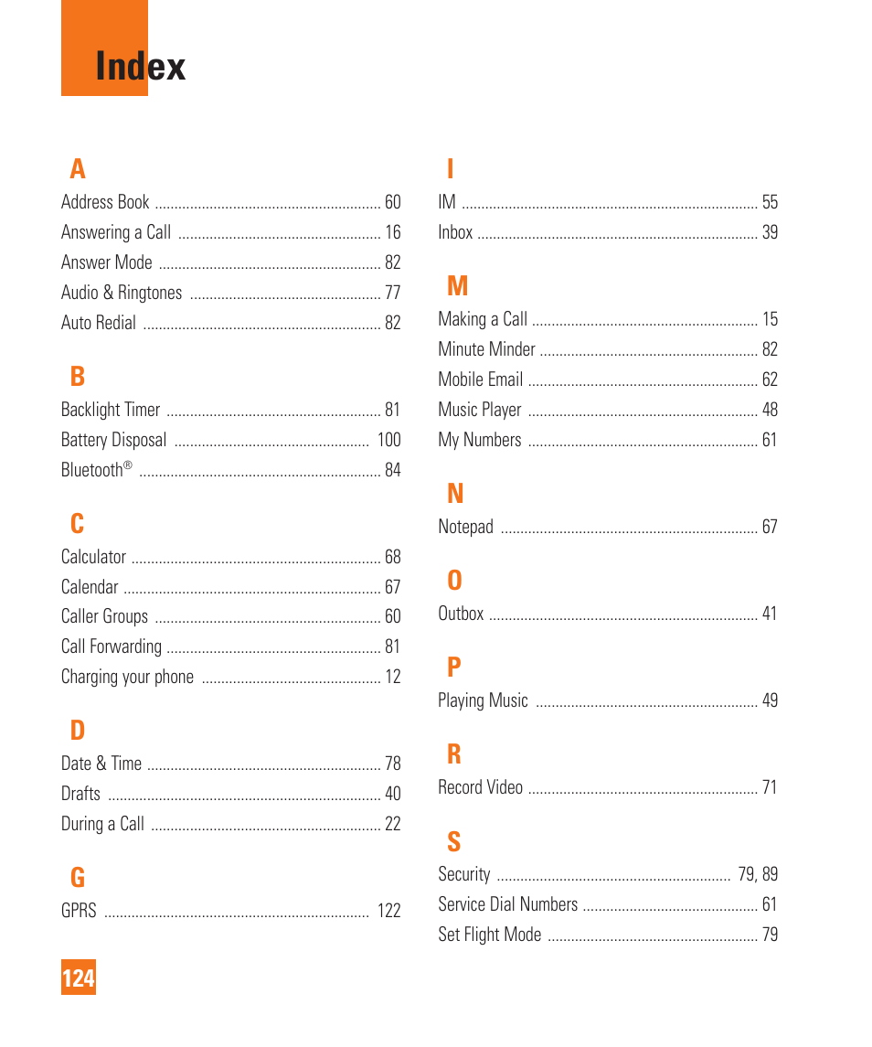 Index | LG GD710 User Manual | Page 128 / 131