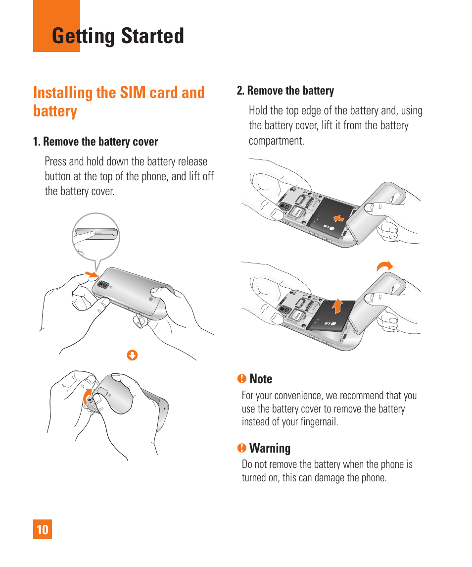 Getting started, Installing the sim card and battery | LG GD710 User Manual | Page 14 / 131