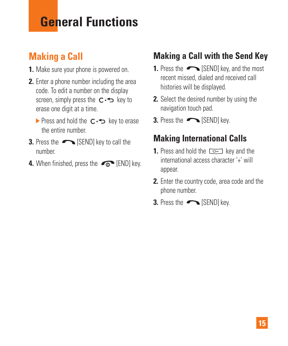 General functions, Making a call, Making a call with the send key | Making international calls | LG GD710 User Manual | Page 19 / 131