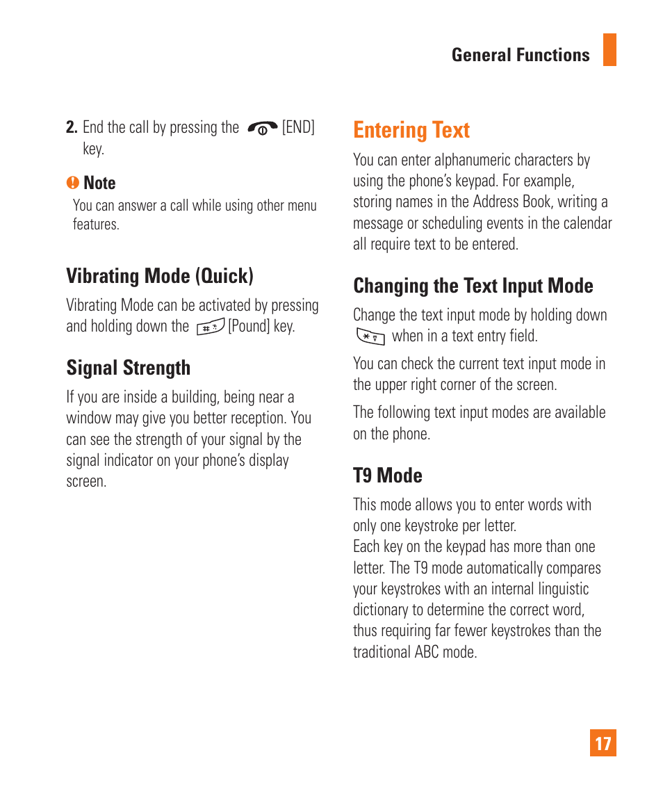 Entering text, Vibrating mode (quick), Signal strength | Changing the text input mode, T9 mode | LG GD710 User Manual | Page 21 / 131