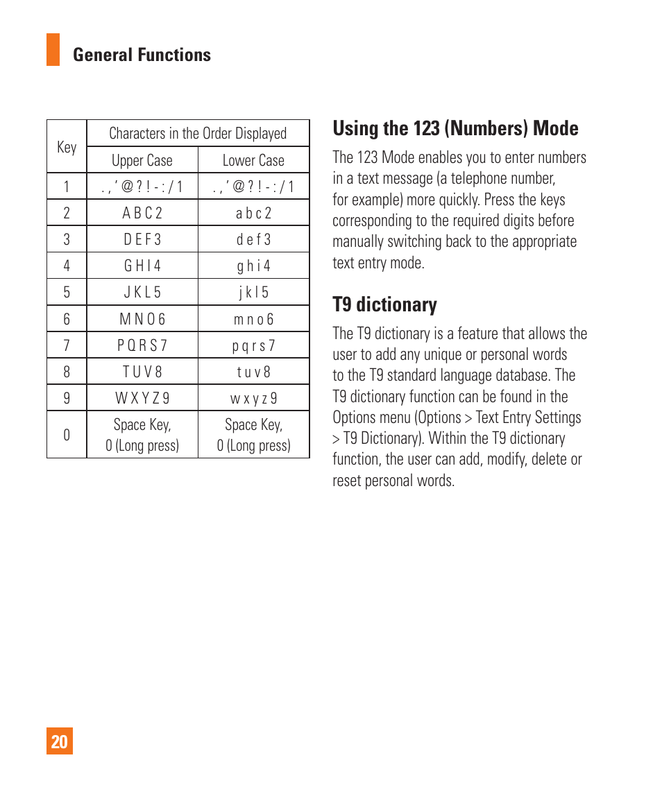 Using the 123 (numbers) mode, T9 dictionary | LG GD710 User Manual | Page 24 / 131