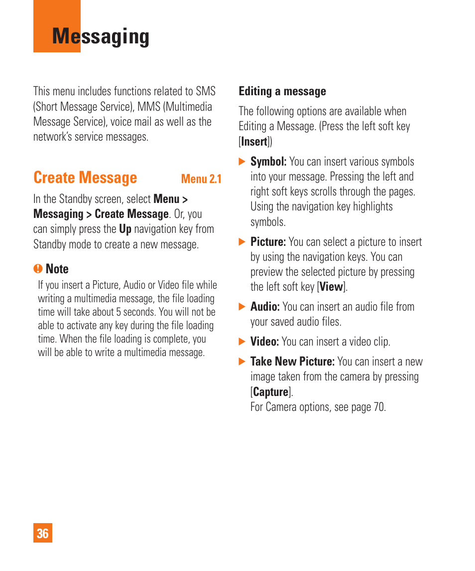 Messaging, Create message | LG GD710 User Manual | Page 40 / 131