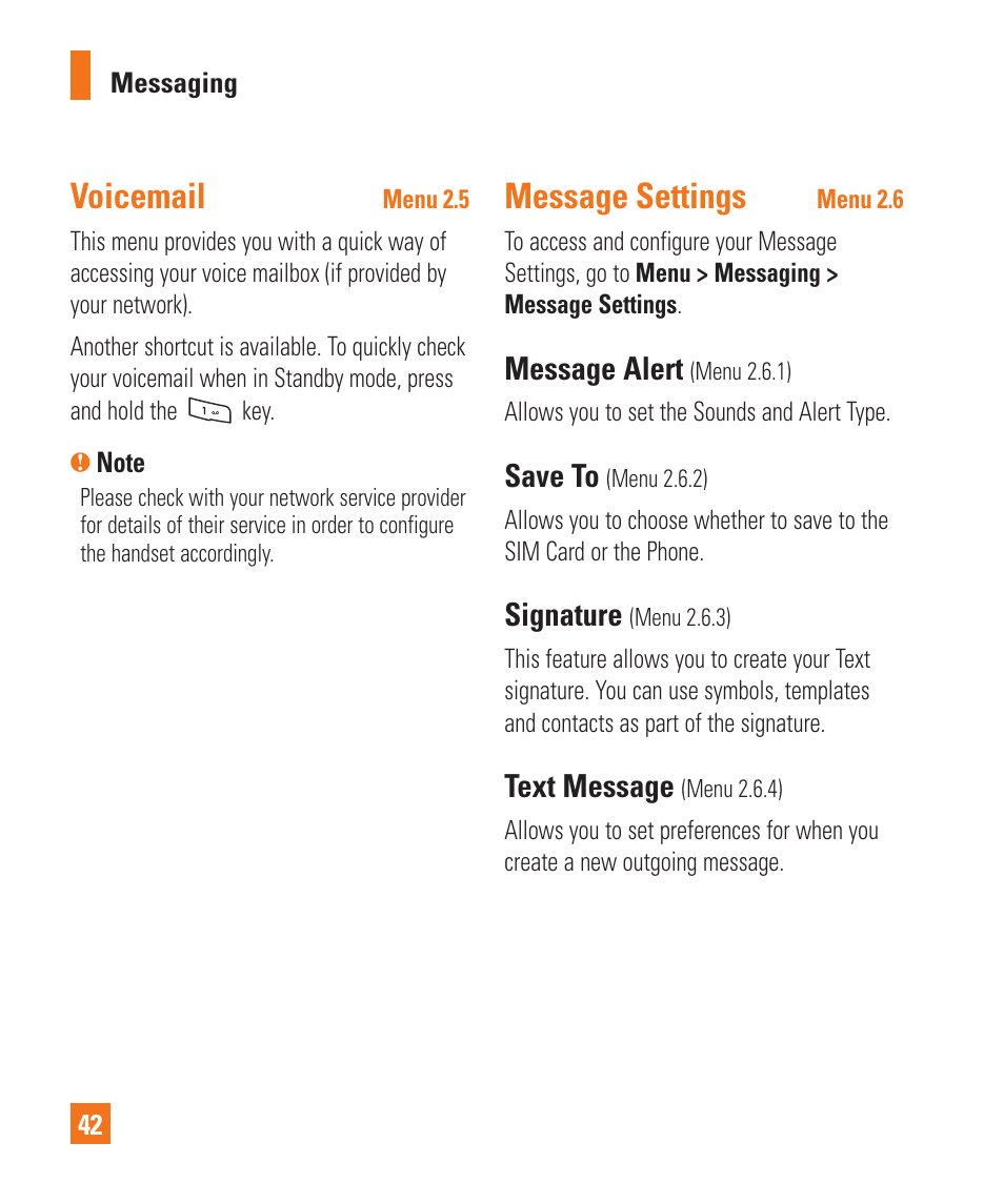 Voicemail, Message settings | LG GD710 User Manual | Page 46 / 131