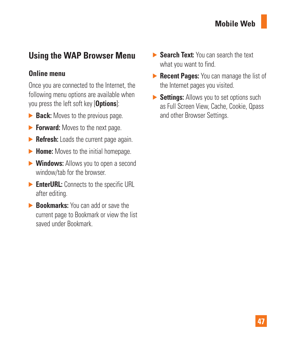 Using the wap browser menu | LG GD710 User Manual | Page 51 / 131