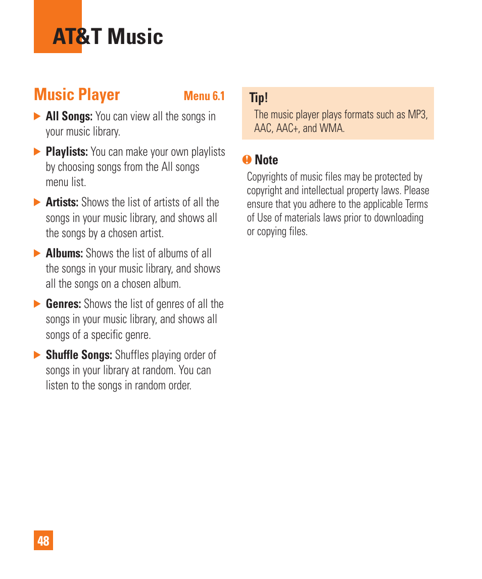 At&t music, Music player | LG GD710 User Manual | Page 52 / 131