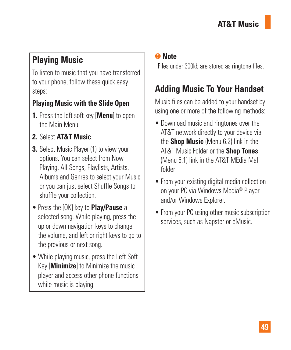 Playing music, Adding music to your handset | LG GD710 User Manual | Page 53 / 131