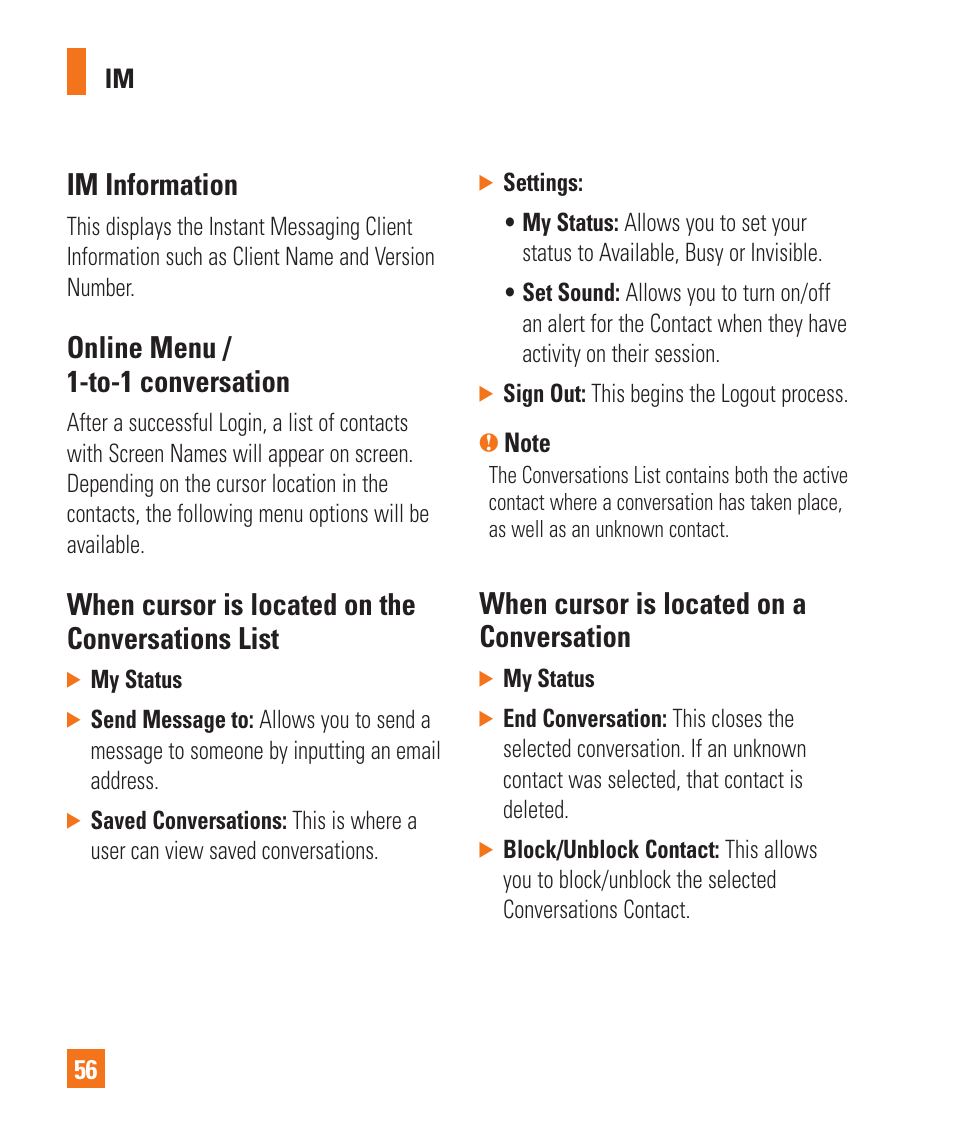 Im information, Online menu / 1-to-1 conversation, When cursor is located on the conversations list | When cursor is located on a conversation | LG GD710 User Manual | Page 60 / 131