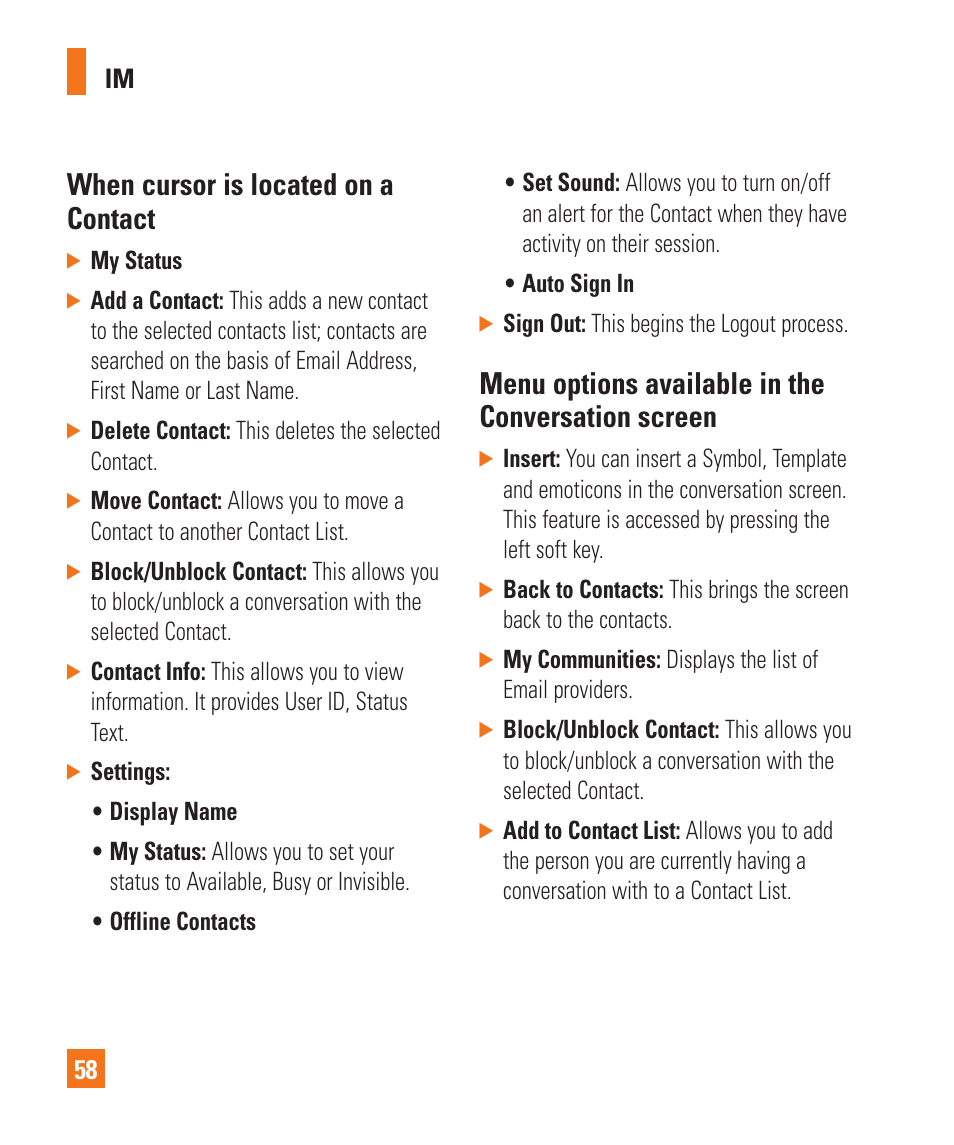 When cursor is located on a contact, Menu options available in the conversation screen | LG GD710 User Manual | Page 62 / 131