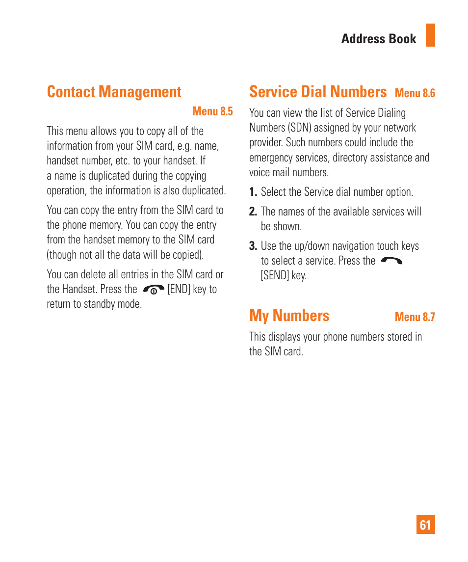 Contact management, Service dial numbers, My numbers | LG GD710 User Manual | Page 65 / 131