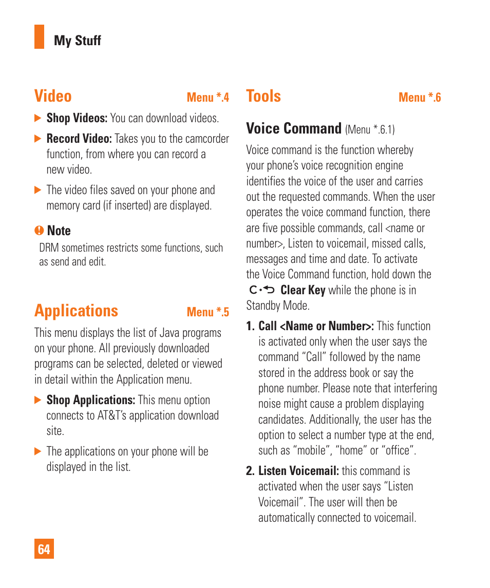 Video, Applications, Tools | Voice command | LG GD710 User Manual | Page 68 / 131