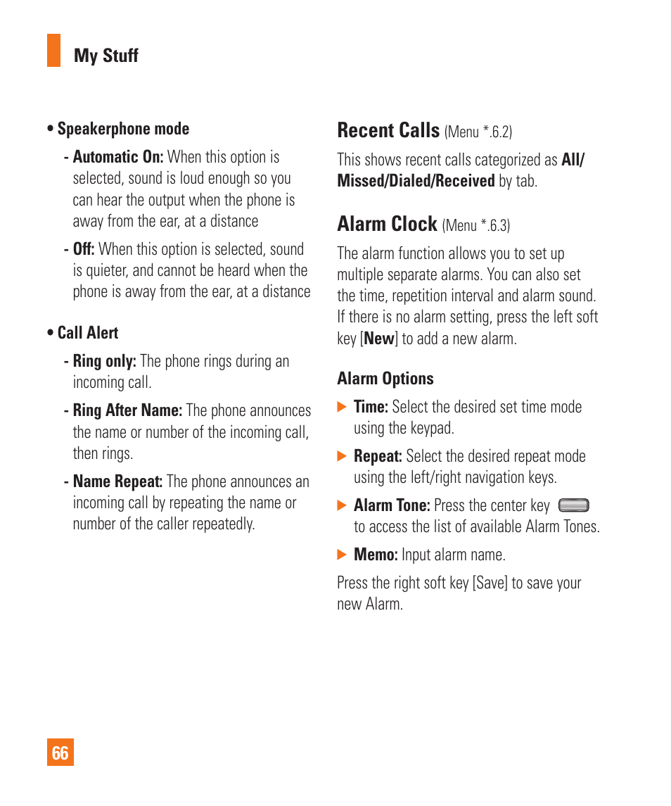 Recent calls, Alarm clock | LG GD710 User Manual | Page 70 / 131