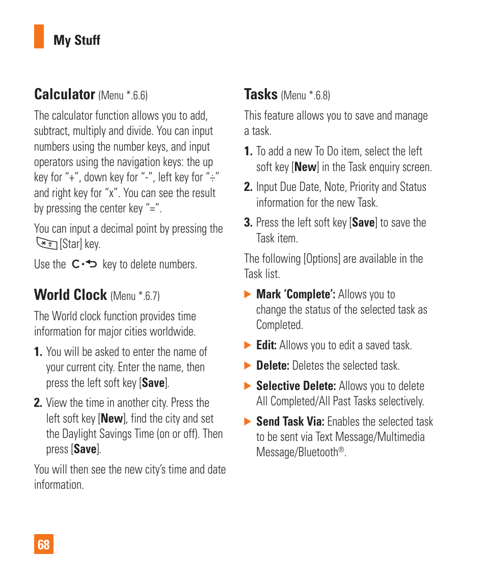 Calculator, World clock, Tasks | LG GD710 User Manual | Page 72 / 131