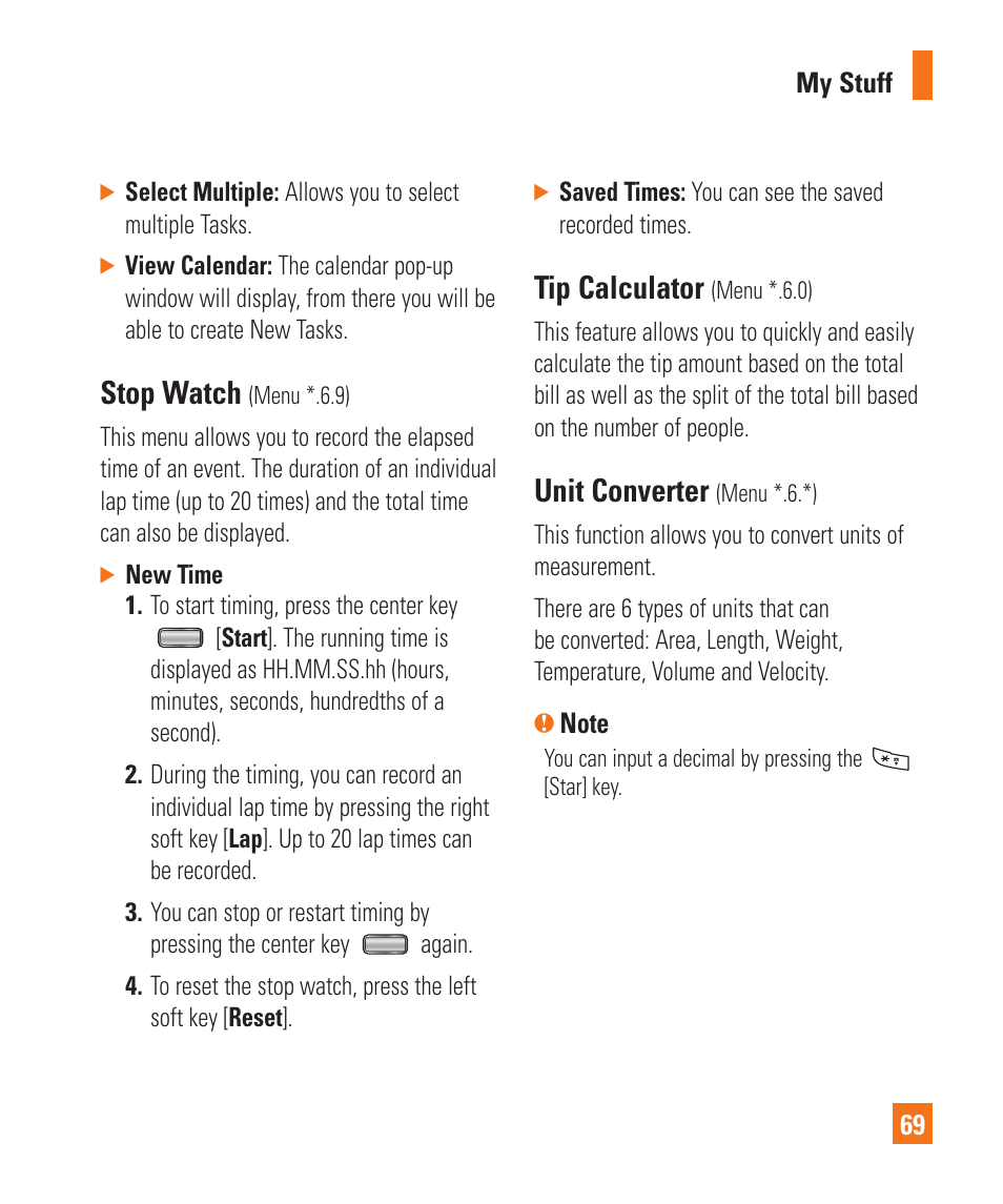 Stop watch, Tip calculator, Unit converter | LG GD710 User Manual | Page 73 / 131