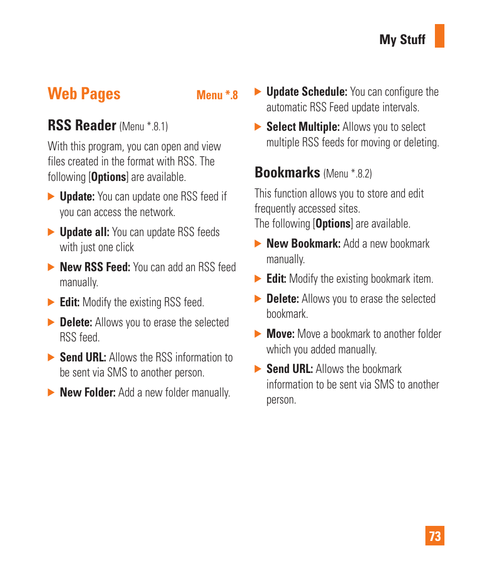 Web pages, Rss reader, Bookmarks | LG GD710 User Manual | Page 77 / 131