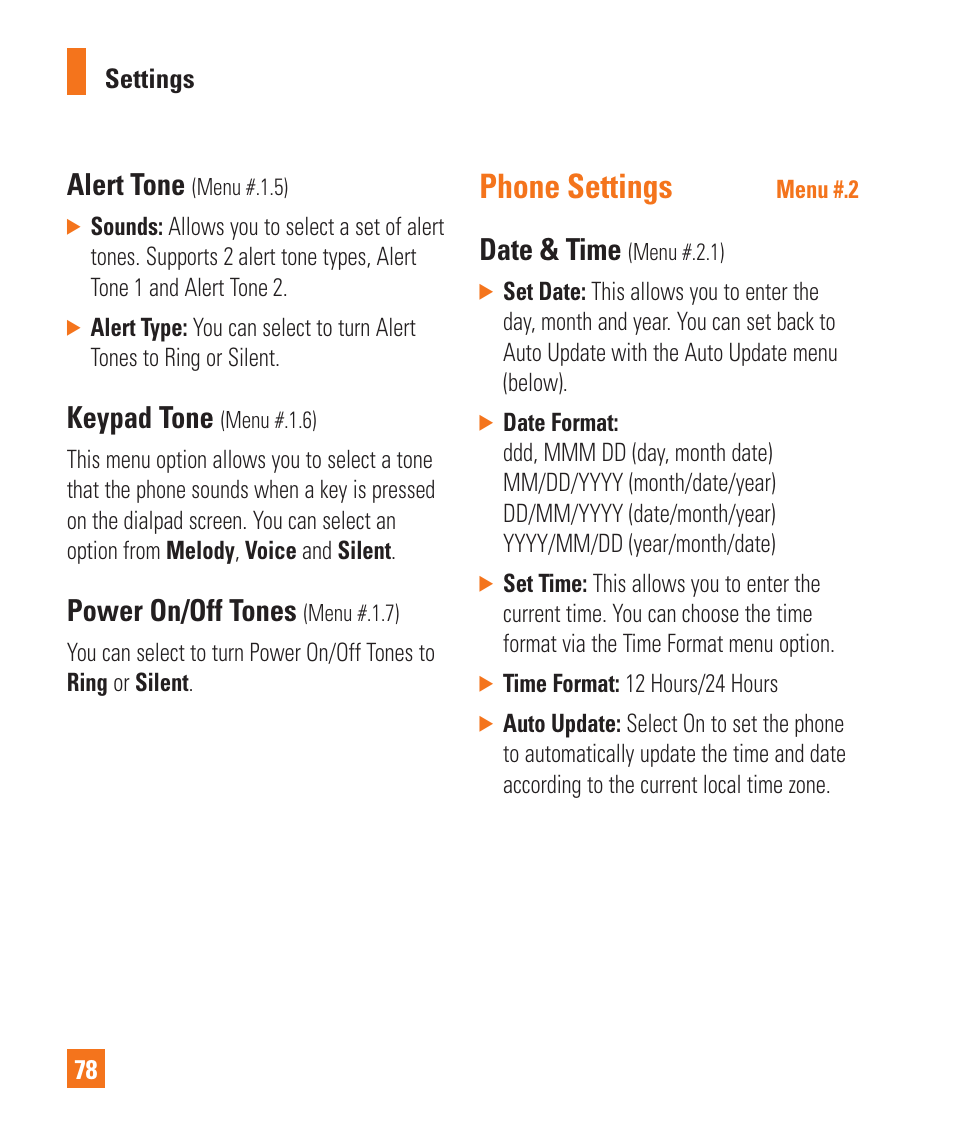 Phone settings, Alert tone, Keypad tone | Power on/off tones, Date & time | LG GD710 User Manual | Page 82 / 131