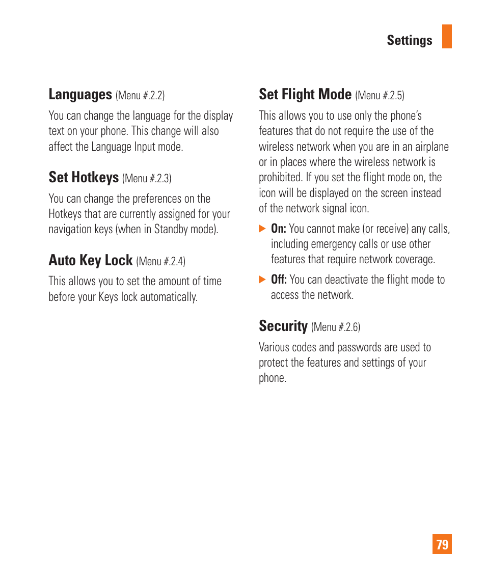 Languages, Set hotkeys, Auto key lock | Set flight mode, Security | LG GD710 User Manual | Page 83 / 131