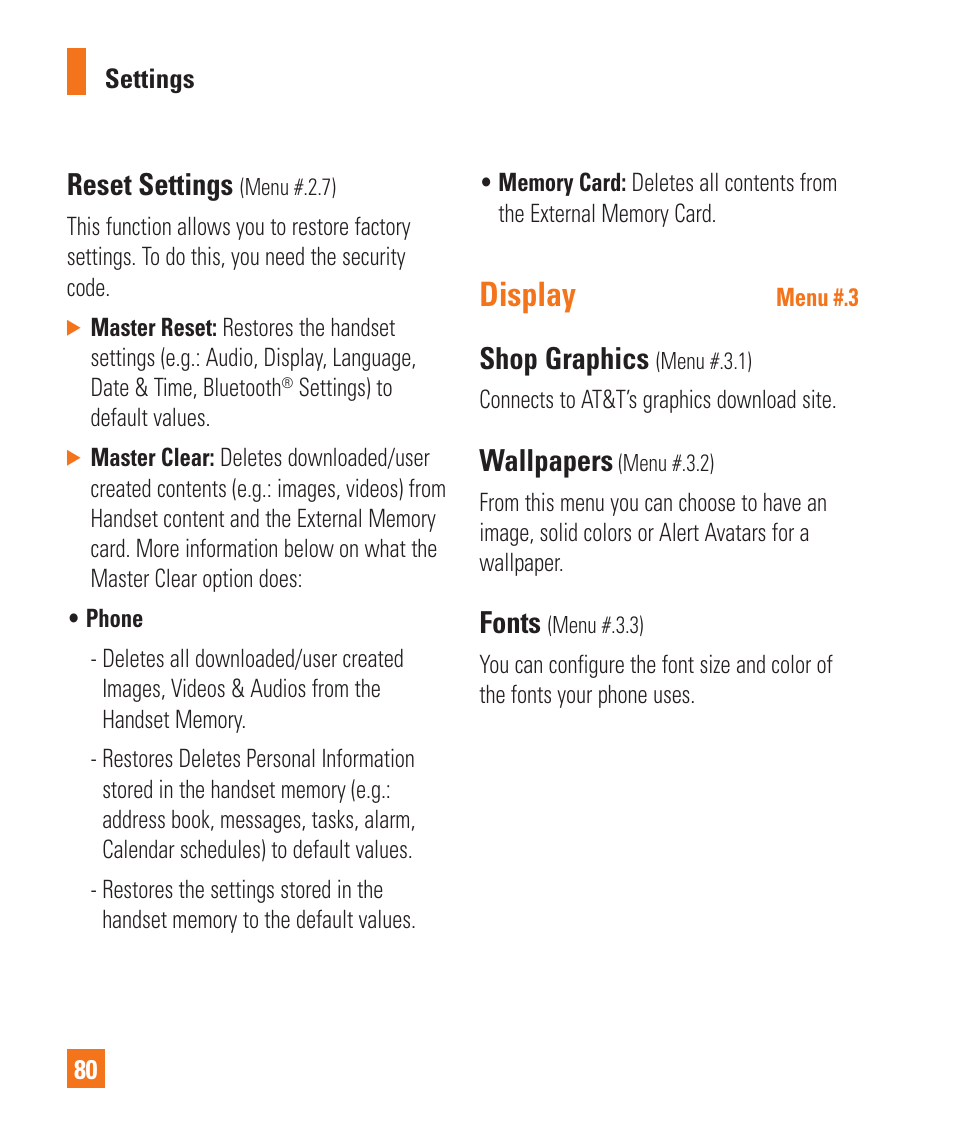 Display, Reset settings, Shop graphics | Wallpapers, Fonts | LG GD710 User Manual | Page 84 / 131