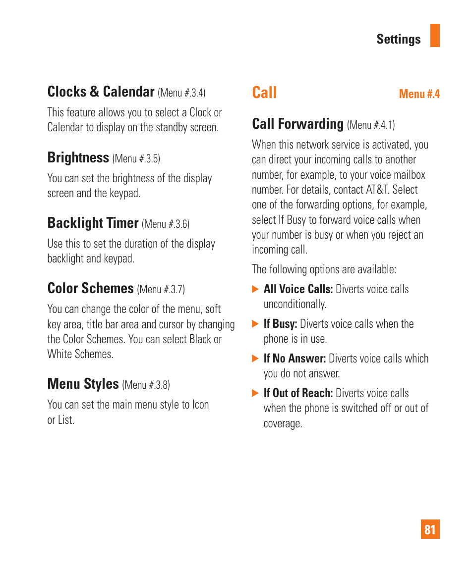 Call, Clocks & calendar, Brightness | Backlight timer, Color schemes, Menu styles, Call forwarding | LG GD710 User Manual | Page 85 / 131