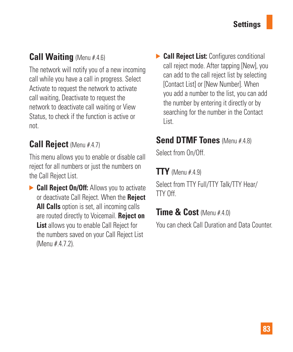 Call waiting, Call reject, Send dtmf tones | Time & cost | LG GD710 User Manual | Page 87 / 131