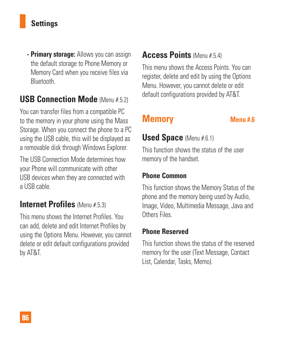 Usb connection mode, Internet profiles, Access points | Used space | LG GD710 User Manual | Page 90 / 131