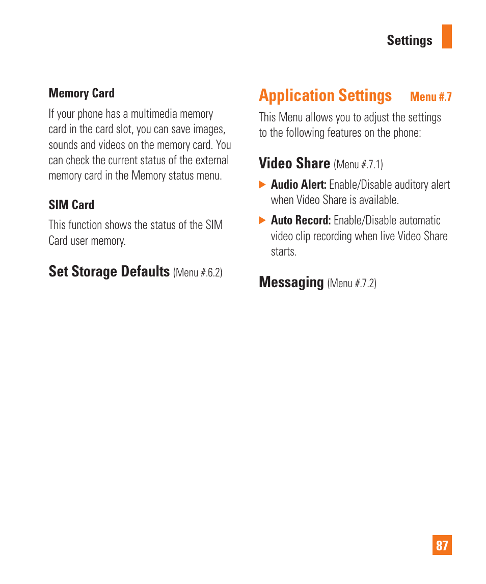 Application settings, Set storage defaults, Video share | Messaging | LG GD710 User Manual | Page 91 / 131