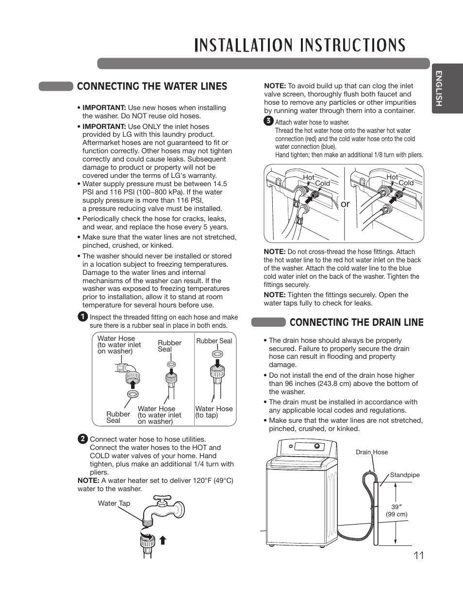Connecting the water lines, Connecting the drain line | LG WT5001CW User Manual | Page 11 / 68