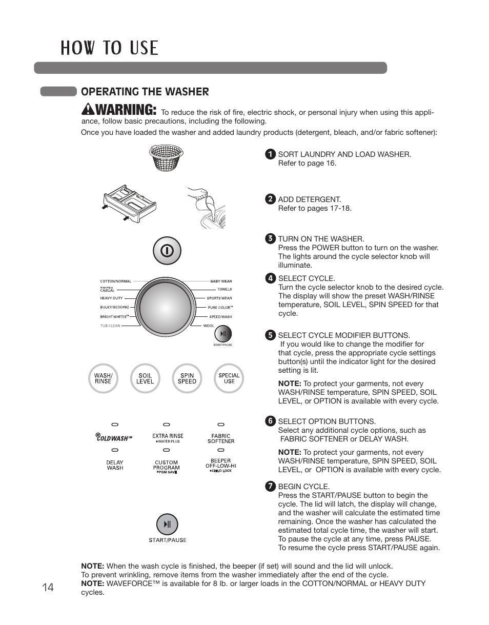 H o w to u s e, Wwarning, Operating the washer | LG WT5001CW User Manual | Page 14 / 68