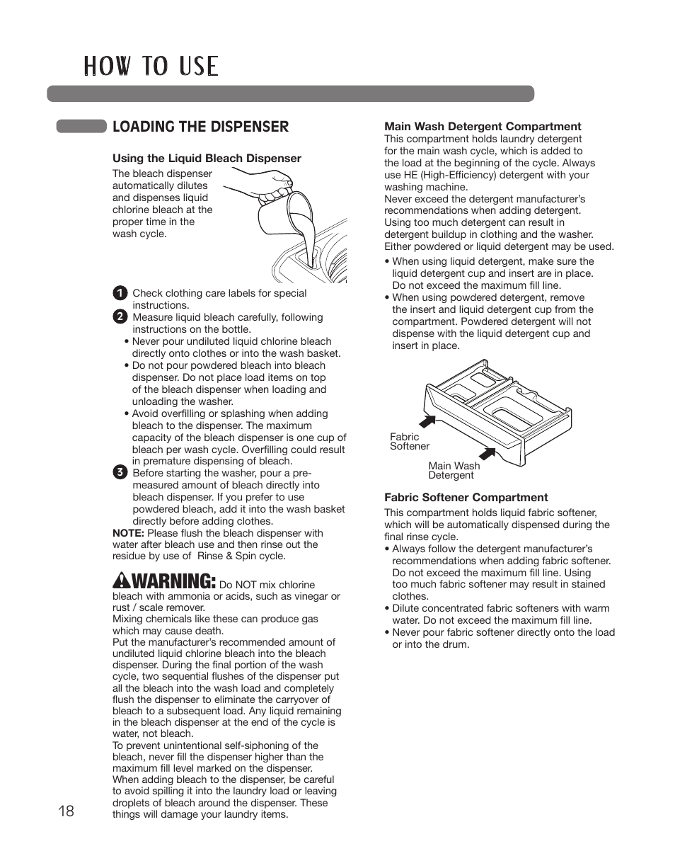 H o w to u s e, Wwarning, Loading the dispenser | LG WT5001CW User Manual | Page 18 / 68