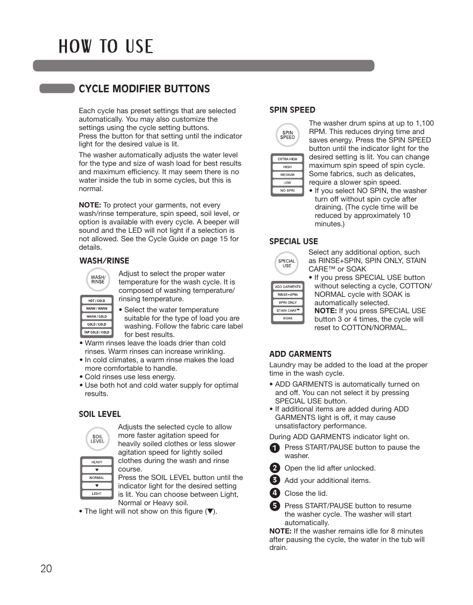 H o w to u s e, Cycle modifier buttons | LG WT5001CW User Manual | Page 20 / 68