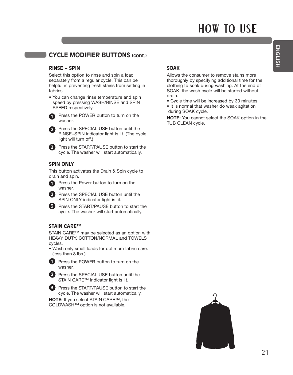 H o w to u s e, Cycle modifier buttons | LG WT5001CW User Manual | Page 21 / 68