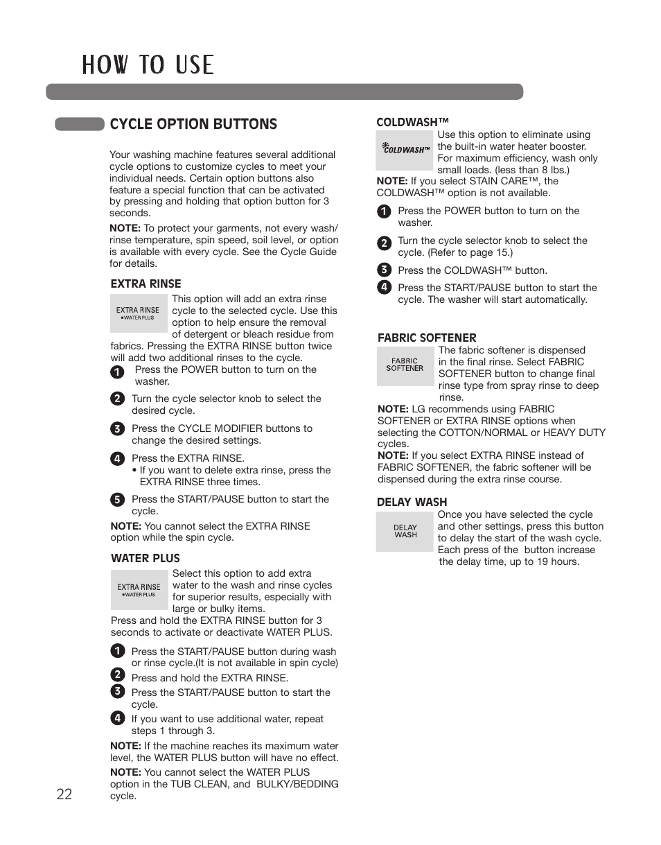 H o w to u s e, Cycle option buttons | LG WT5001CW User Manual | Page 22 / 68