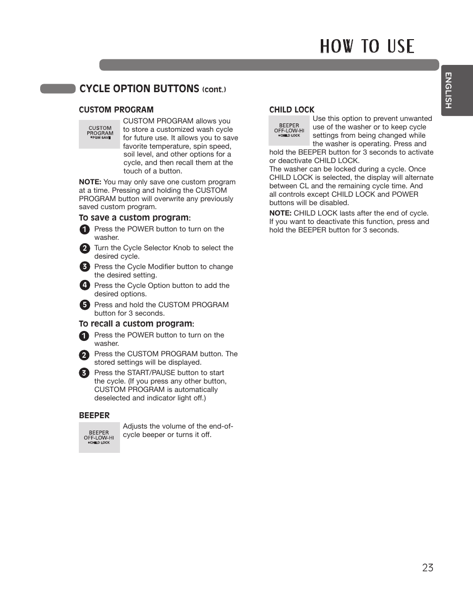 H o w to u s e, Cycle option buttons | LG WT5001CW User Manual | Page 23 / 68