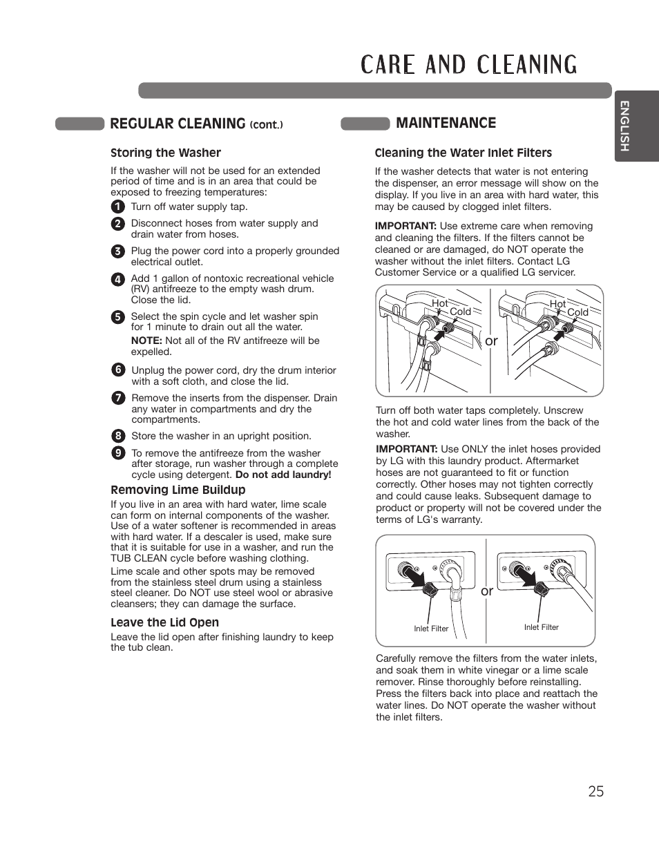 Regular cleaning, Maintenance or | LG WT5001CW User Manual | Page 25 / 68