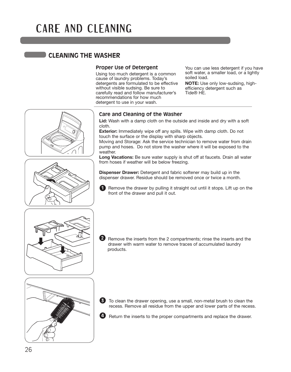 Cleaning the washer | LG WT5001CW User Manual | Page 26 / 68