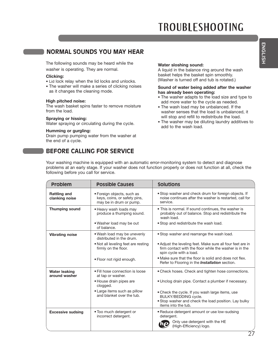 Normal sounds you may hear, Before calling for service | LG WT5001CW User Manual | Page 27 / 68