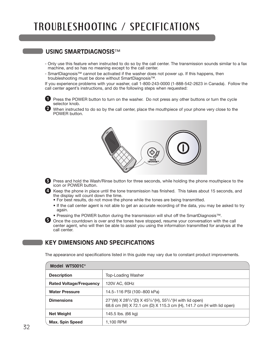 Key dimensions and specifications, Using smartdiagnosis | LG WT5001CW User Manual | Page 32 / 68