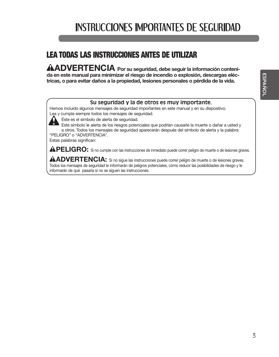 Instrucciones importantes de seguridad, Wadvertencia, Lea todas las instrucciones antes de utilizar | LG WT5001CW User Manual | Page 37 / 68