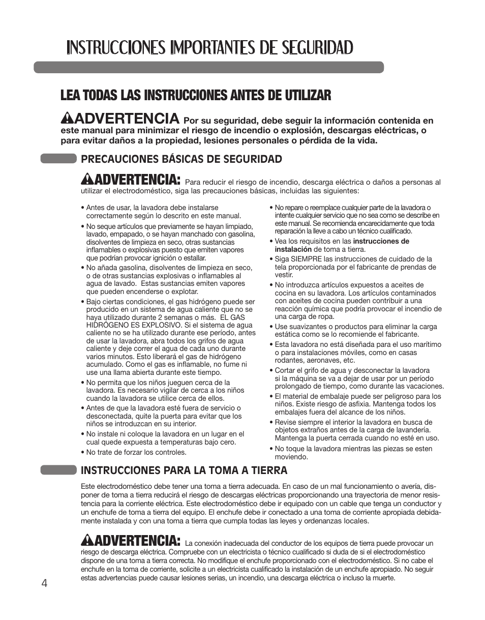 Instrucciones importantes de seguridad, Wadvertencia, Lea todas las instrucciones antes de utilizar | Precauciones básicas de seguridad, Instrucciones para la toma a tierra | LG WT5001CW User Manual | Page 38 / 68