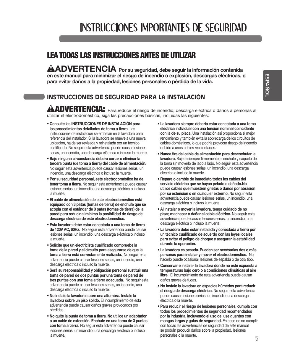 Instrucciones importantes de seguridad, Wadvertencia, Lea todas las instrucciones antes de utilizar | Instrucciones de seguridad para la instalación | LG WT5001CW User Manual | Page 39 / 68