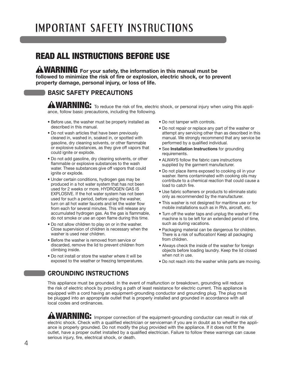 Wwarning, Read all instructions before use, Basic safety precautions | Grounding instructions | LG WT5001CW User Manual | Page 4 / 68
