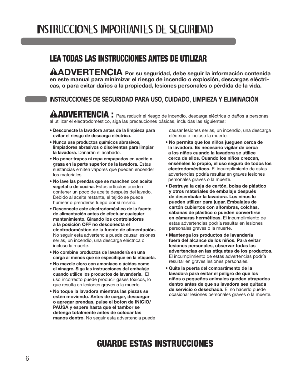 Instrucciones importantes de seguridad, Wadvertencia | LG WT5001CW User Manual | Page 40 / 68