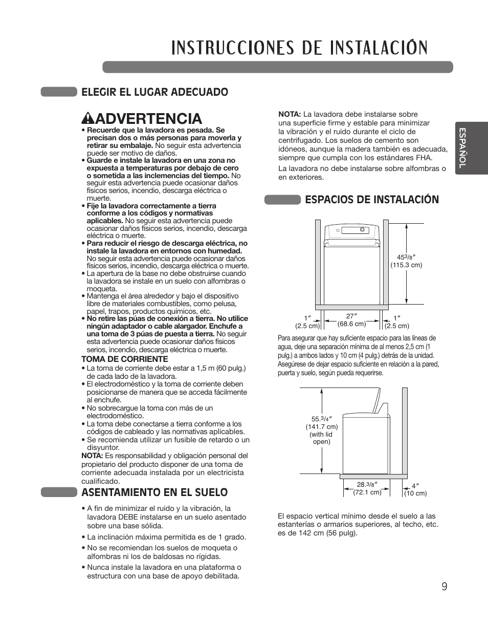 Wadvertencia, Elegir el lugar adecuado, Asentamiento en el suelo | Espacios de instalación | LG WT5001CW User Manual | Page 43 / 68