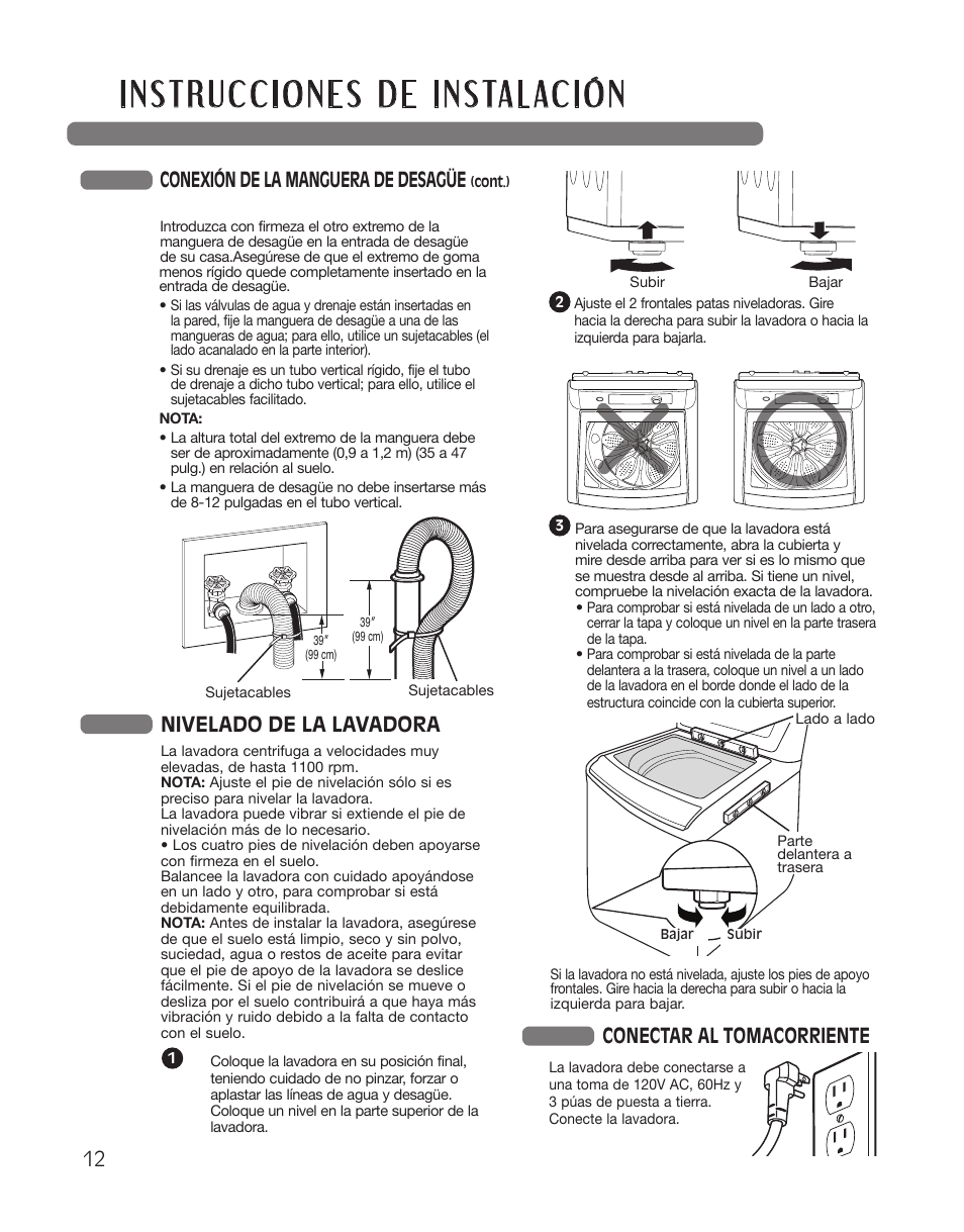 Conectar al tomacorriente, Conexión de la manguera de desagüe, Nivelado de la lavadora | LG WT5001CW User Manual | Page 46 / 68